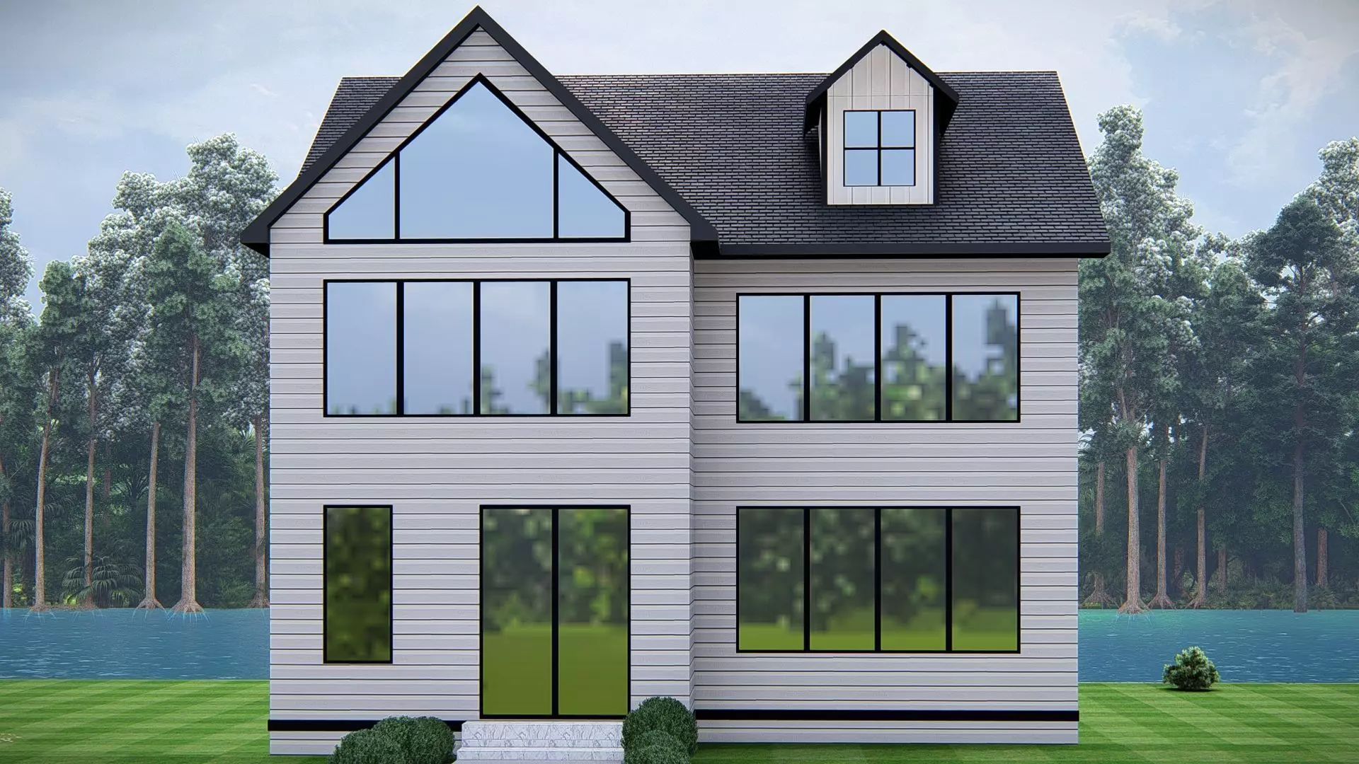 Modern American house exterior design with pitched roof 3D model_0