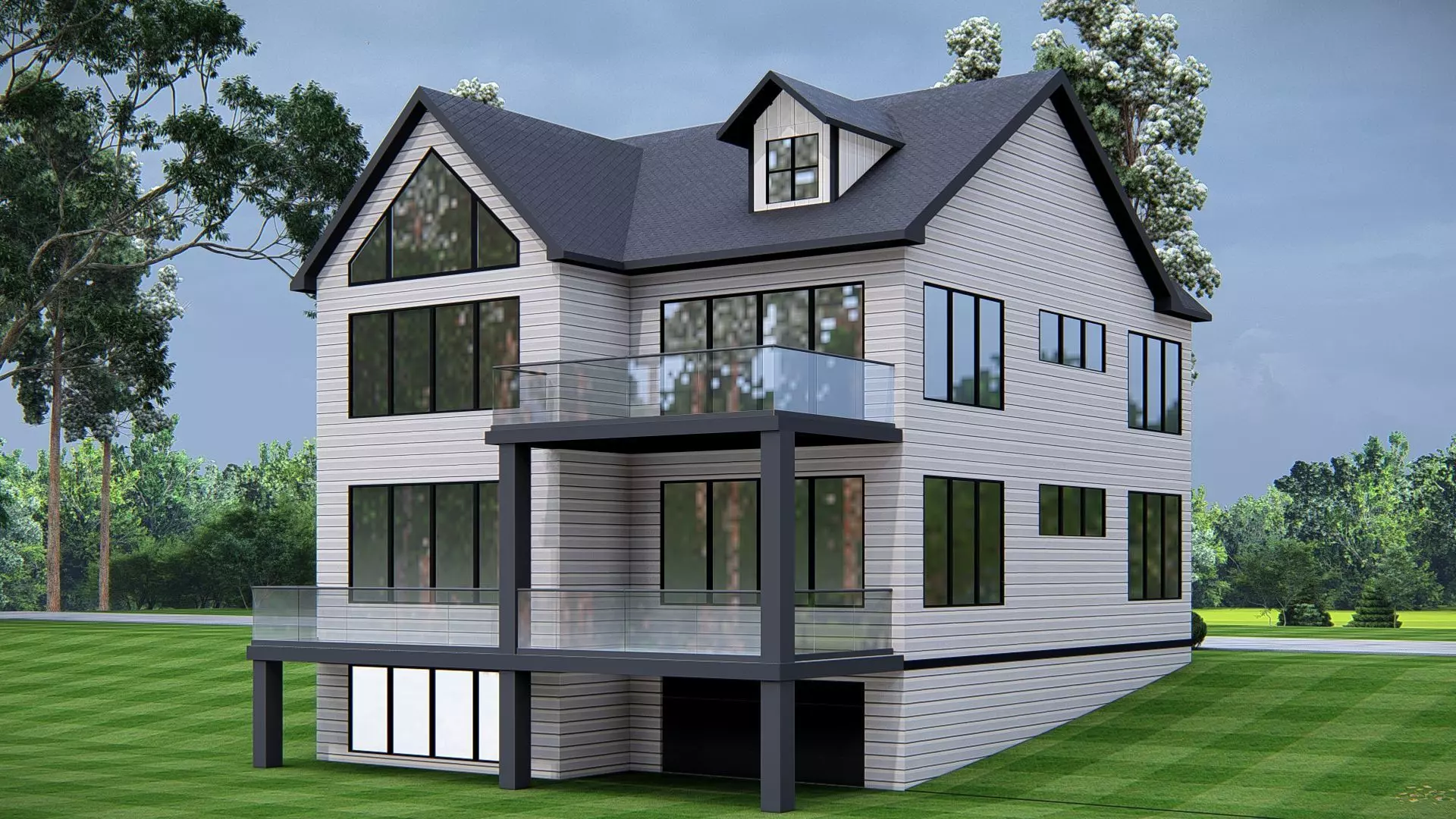 Modern American house exterior design with pitched roof 3D model_3