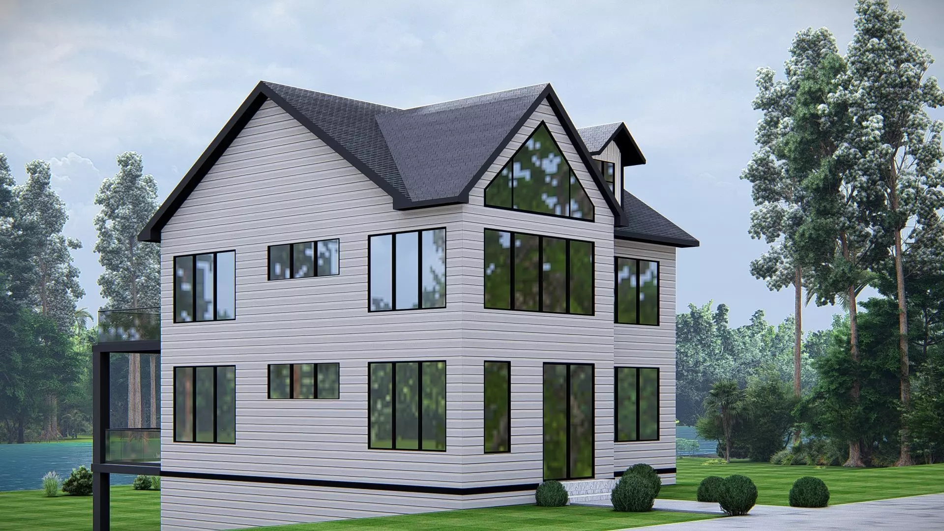 Modern American house exterior design with pitched roof 3D model_2