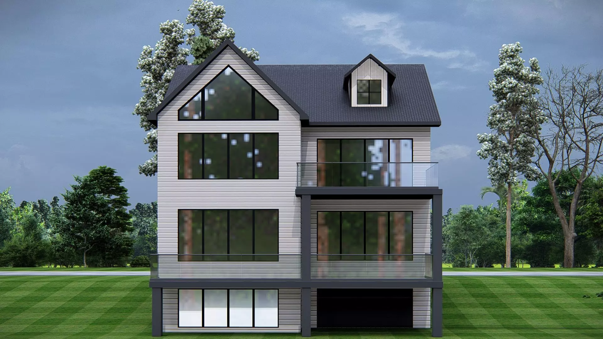 Modern American house exterior design with pitched roof 3D model_4