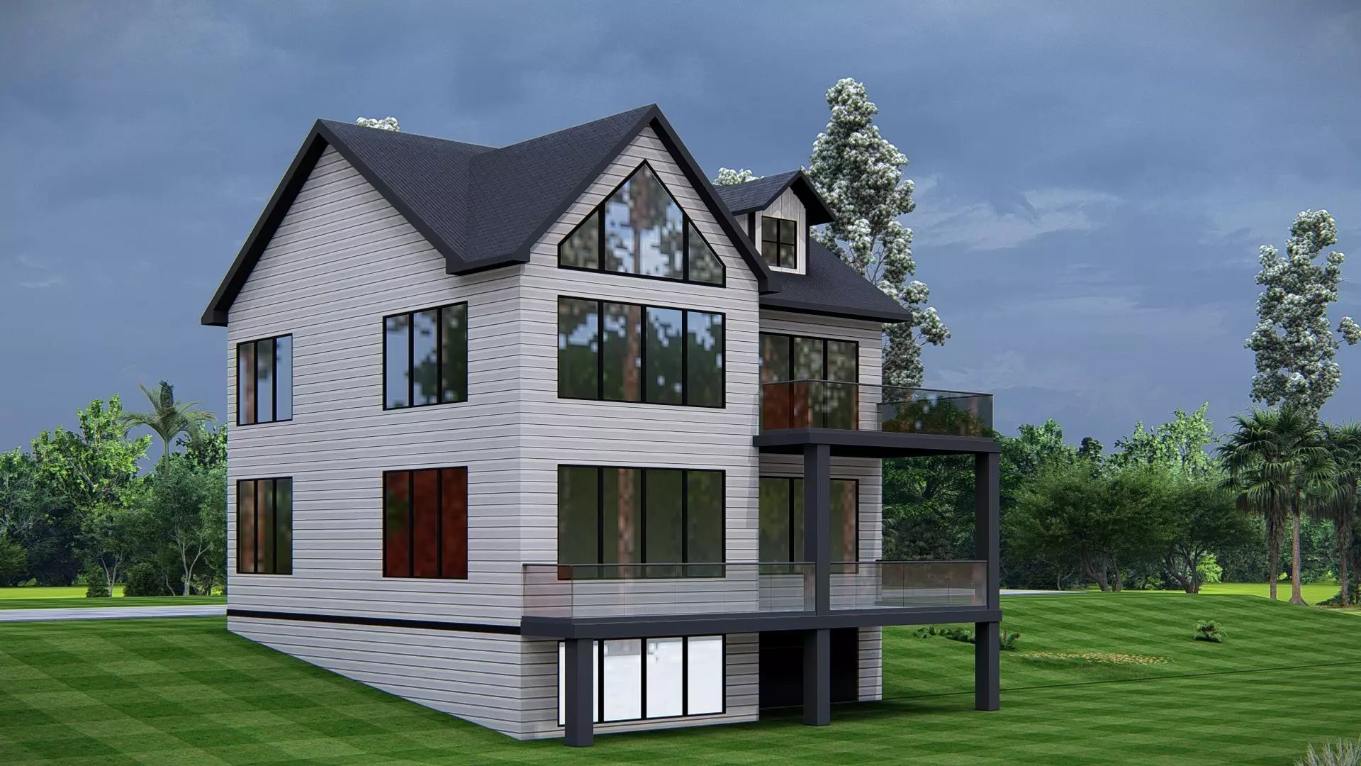 Modern American house exterior design with pitched roof 3D model_5