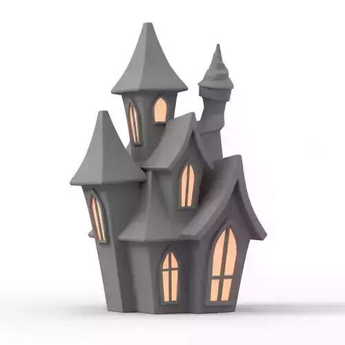 3D Model of Gray Haunted House Happy Halloween Building