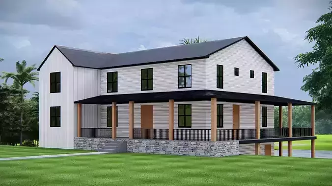 Modern farmhouse exterior design with wraparound porch