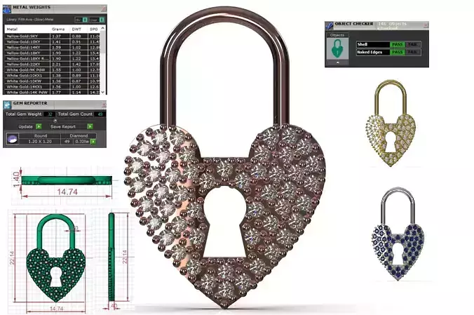 Stl 3dm Pendant Diamond Paved Heart Padlock jp0361