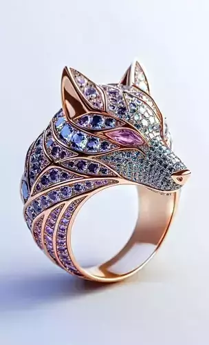 Luxury Fox Ring Rose Gold Wolf Blue Purple Gemstones 3D
