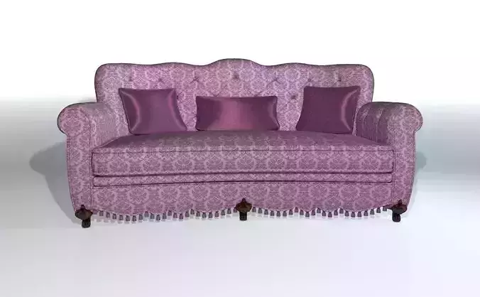 Sofa with  silk pillows  and wooden  arnaments  3D model