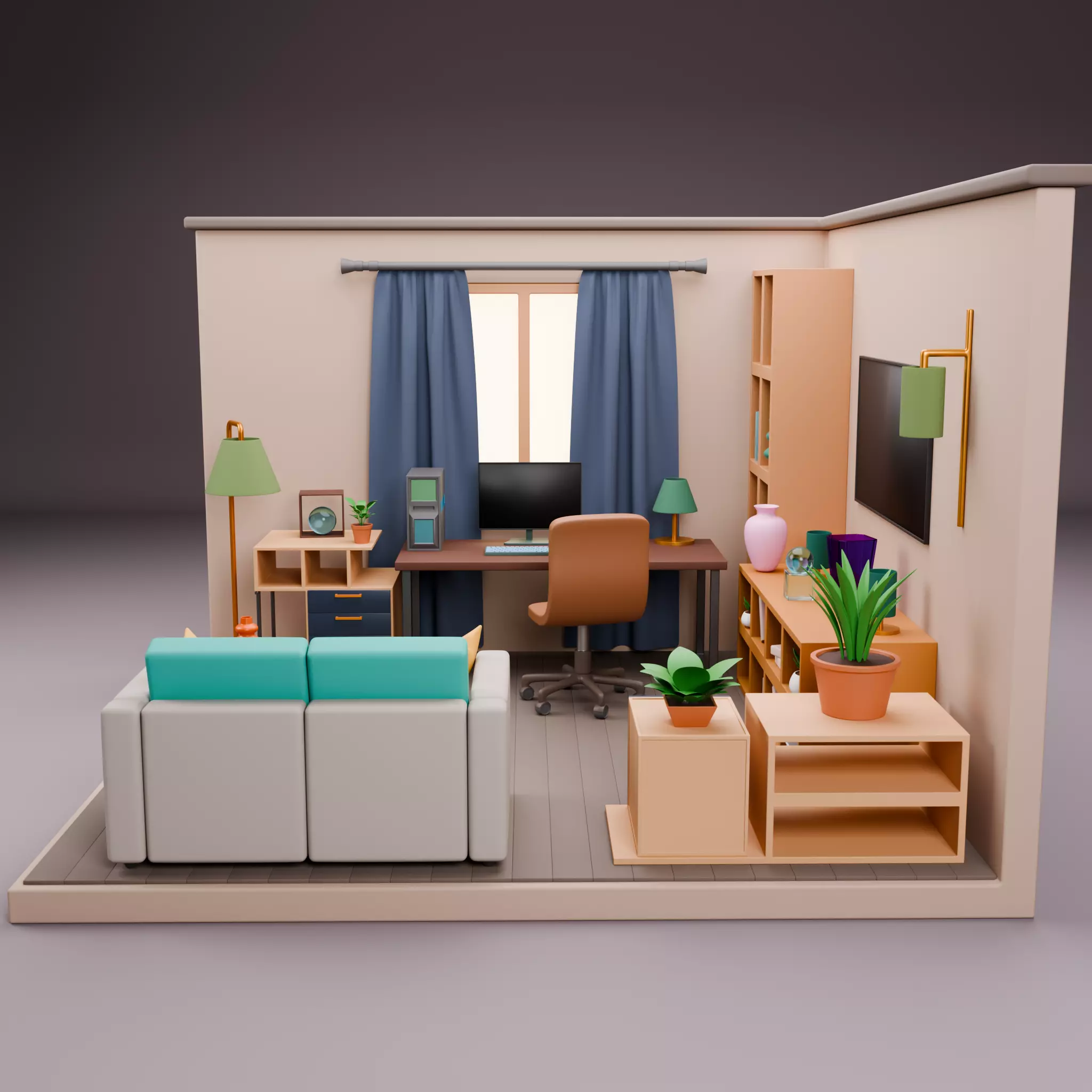 Stylized Isometric Home Pack 8 Modular Rooms Low-poly 3D model_33