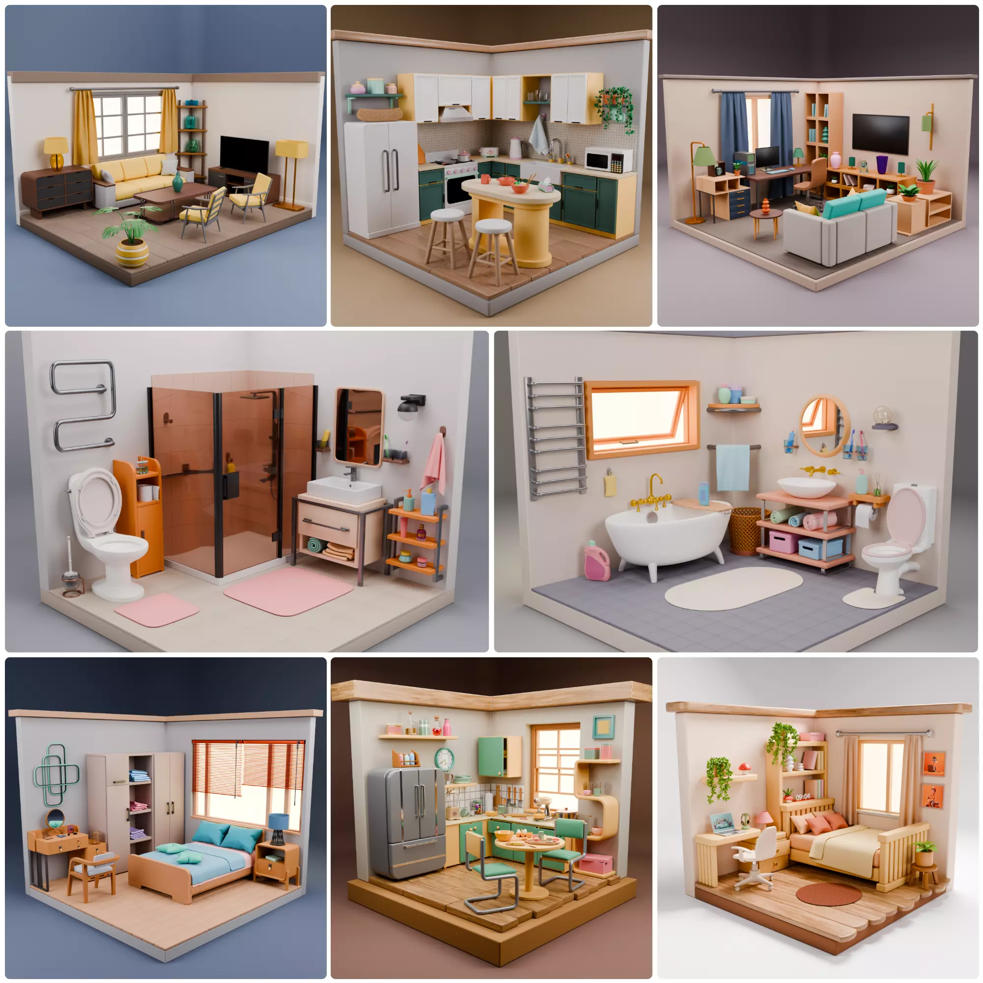 Stylized Isometric Home Pack 8 Modular Rooms Low-poly 3D model_0