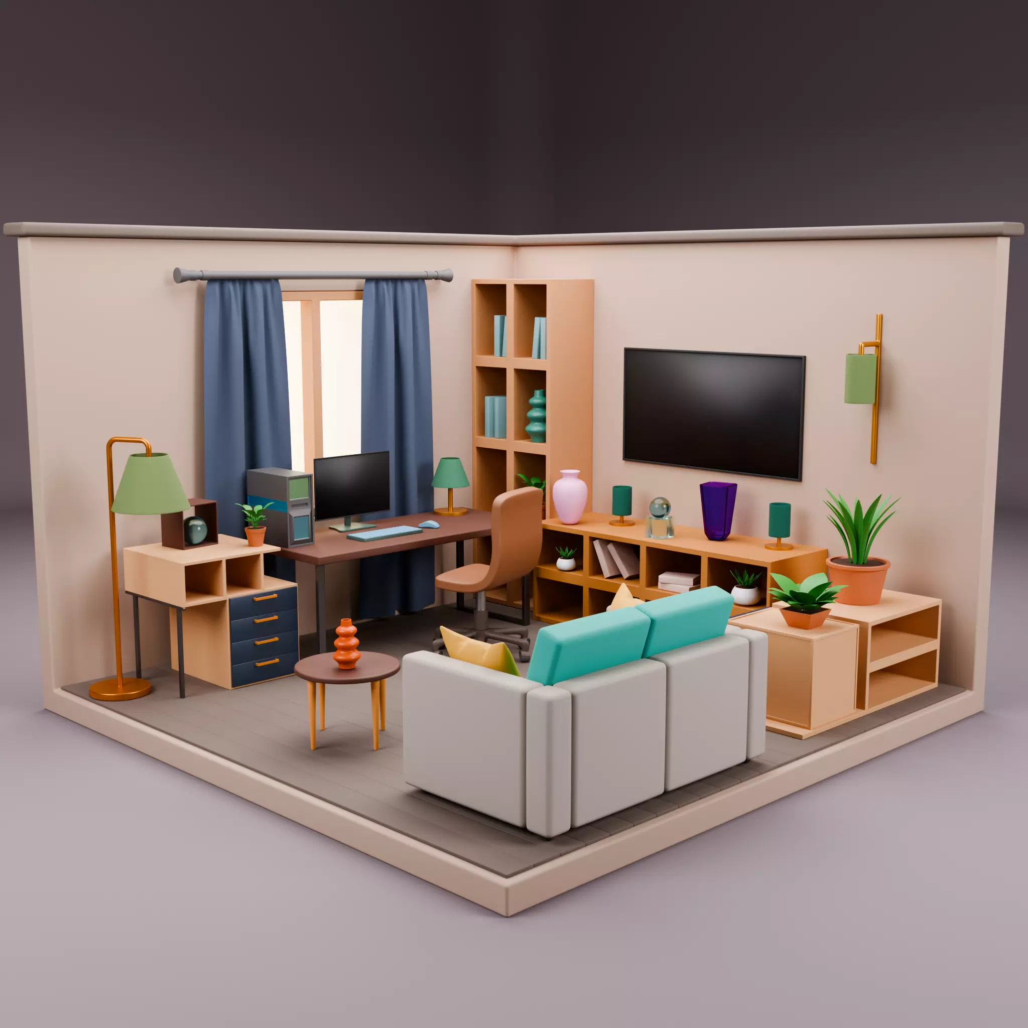 Stylized Isometric Home Pack 8 Modular Rooms Low-poly 3D model_32