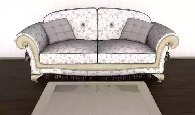 Sofa with wooden ornaments and pillows 3D model