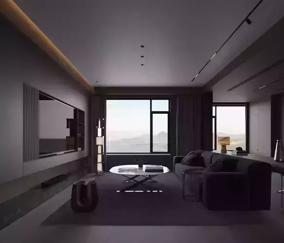 Dark living and dining room interior