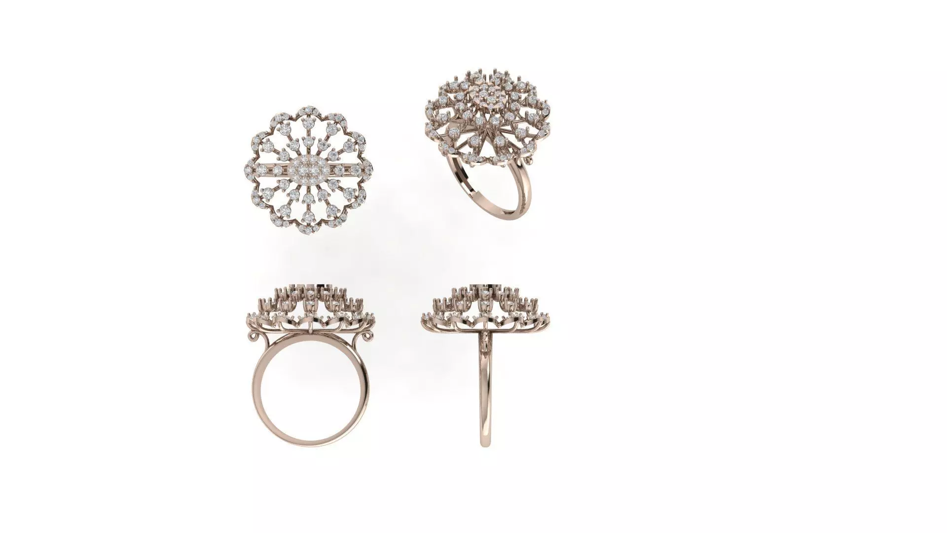 Rose Gold Floral Diamond Cluster Cocktail Ring 3D print model