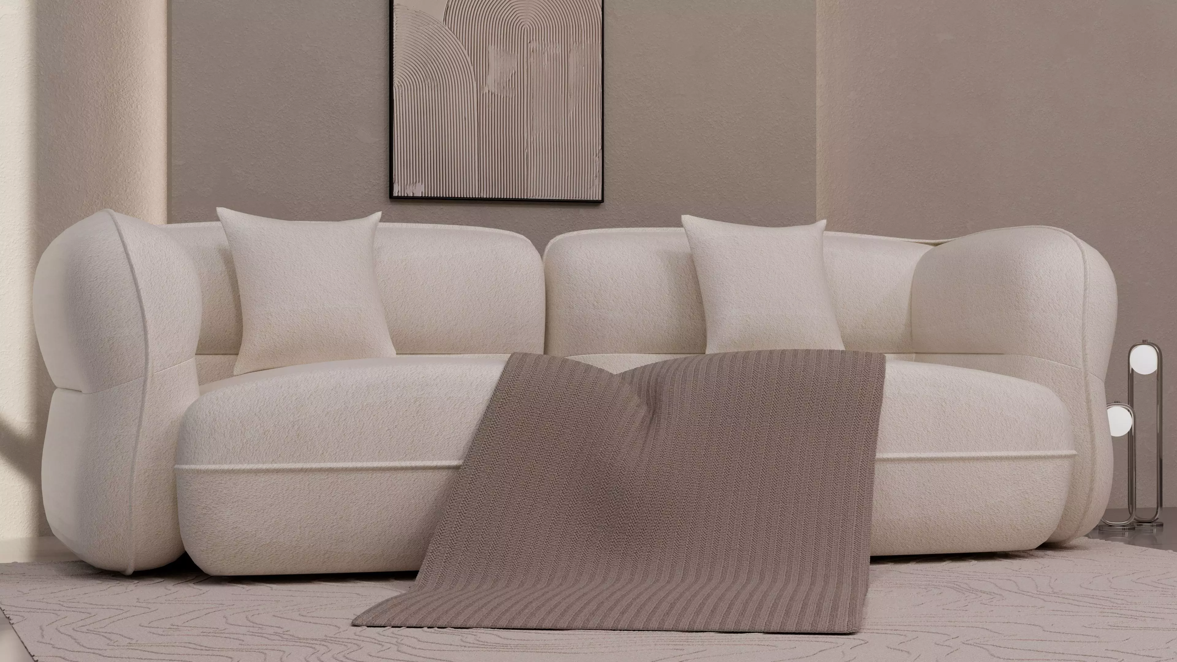 Minimal Boucle Sofa with Blanket 3D model_2