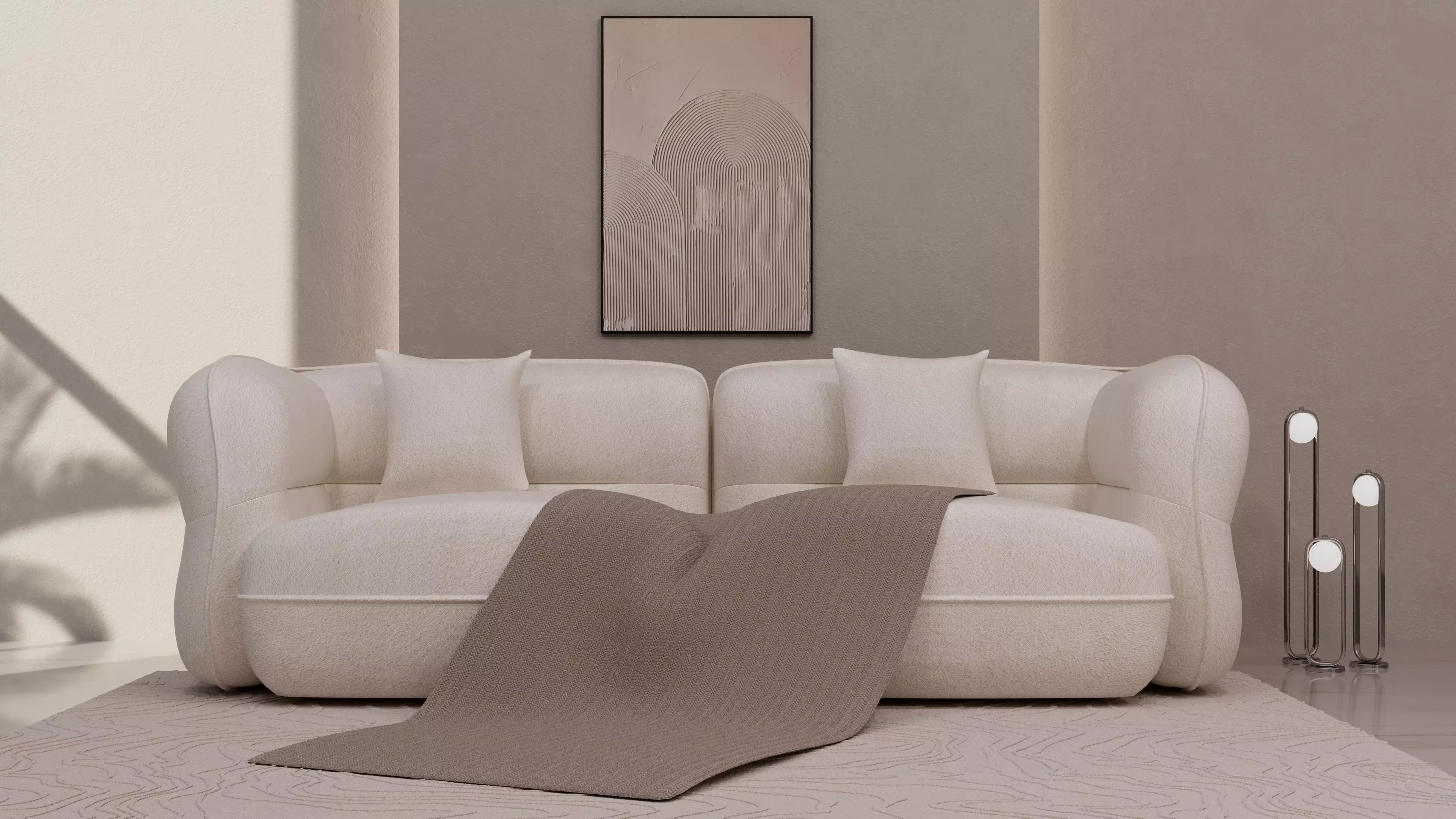 Minimal Boucle Sofa with Blanket 3D model_0