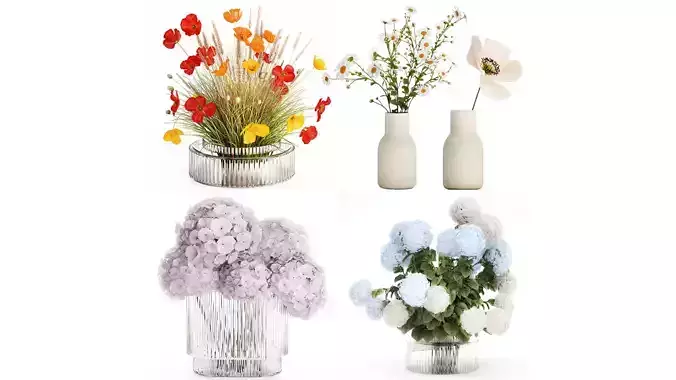 Set bouquets hydrangea poppy hydrangea chamomile glass vase