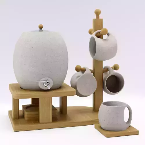 Ceramic Water Dispenser with Wooden Stand and Mugs