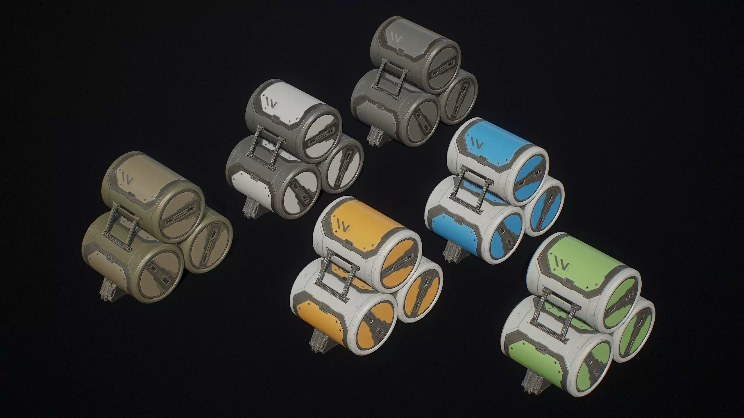 Sci-Fi Barrel Modular Set 6 Color Options LODs Low-poly 3D model_5