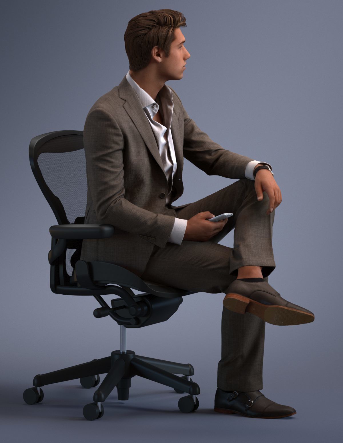 Young business man sitting casual in business suit without tie 3D model_3