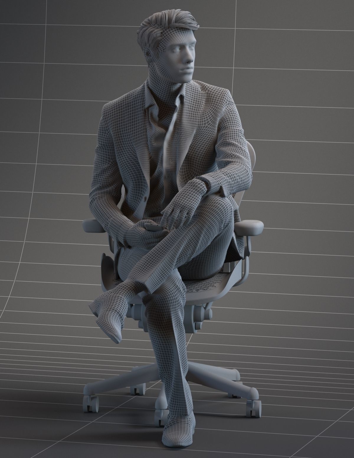 Young business man sitting casual in business suit without tie 3D model_12