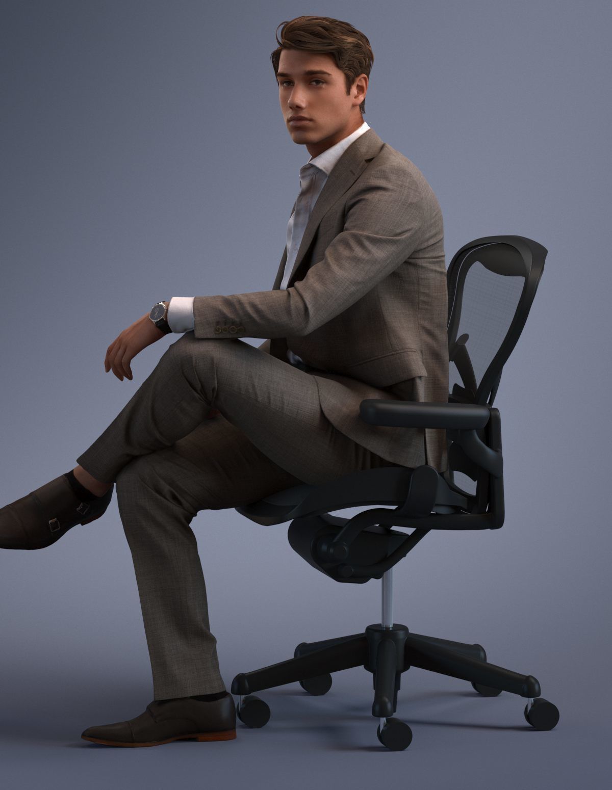 Young business man sitting casual in business suit without tie 3D model_10