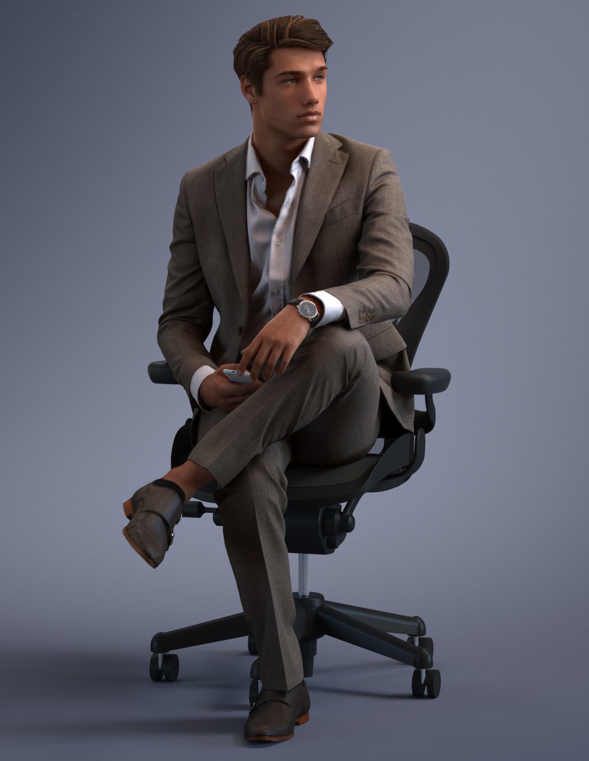 Young business man sitting casual in business suit without tie 3D model_11