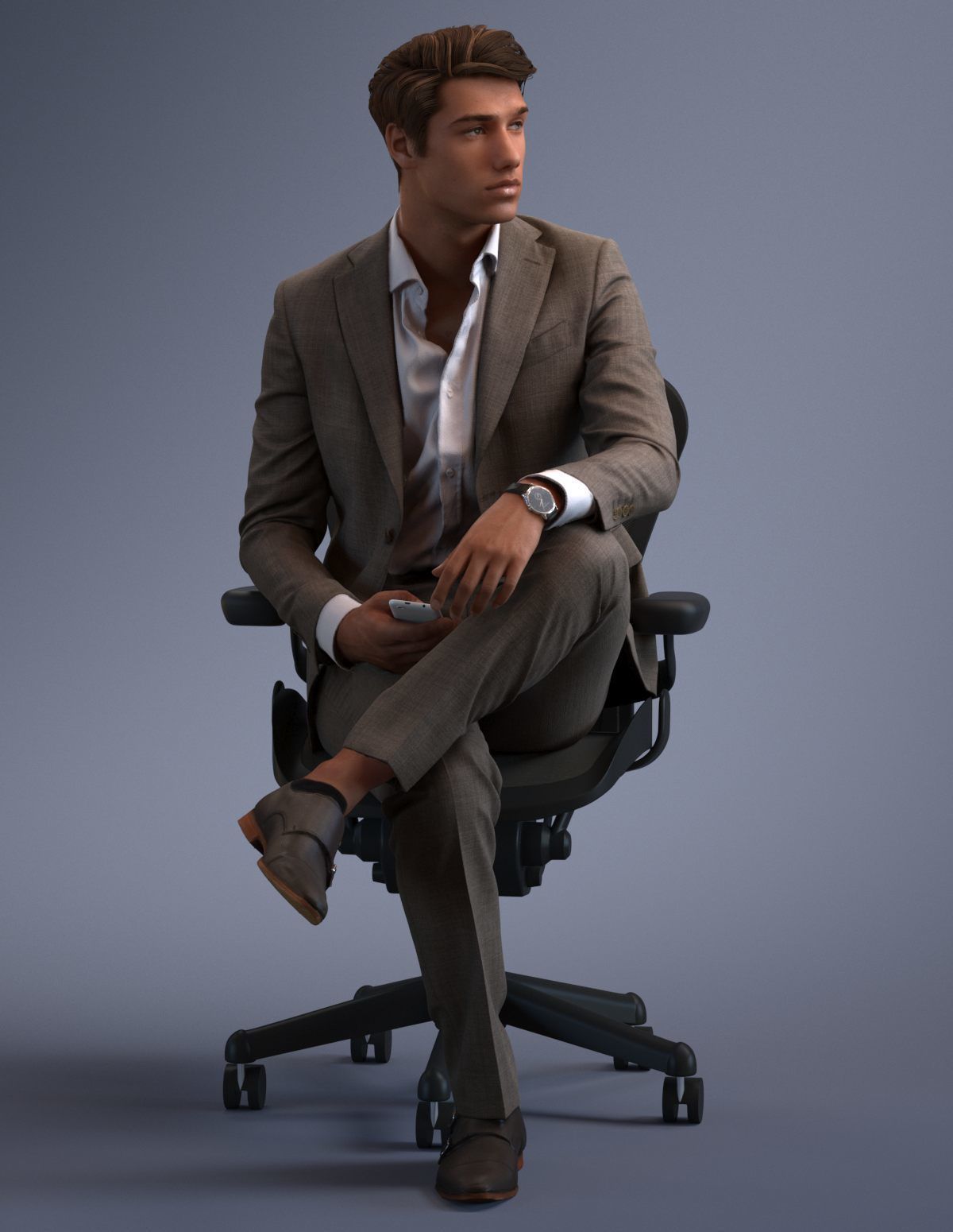 Young business man sitting casual in business suit without tie 3D model_1