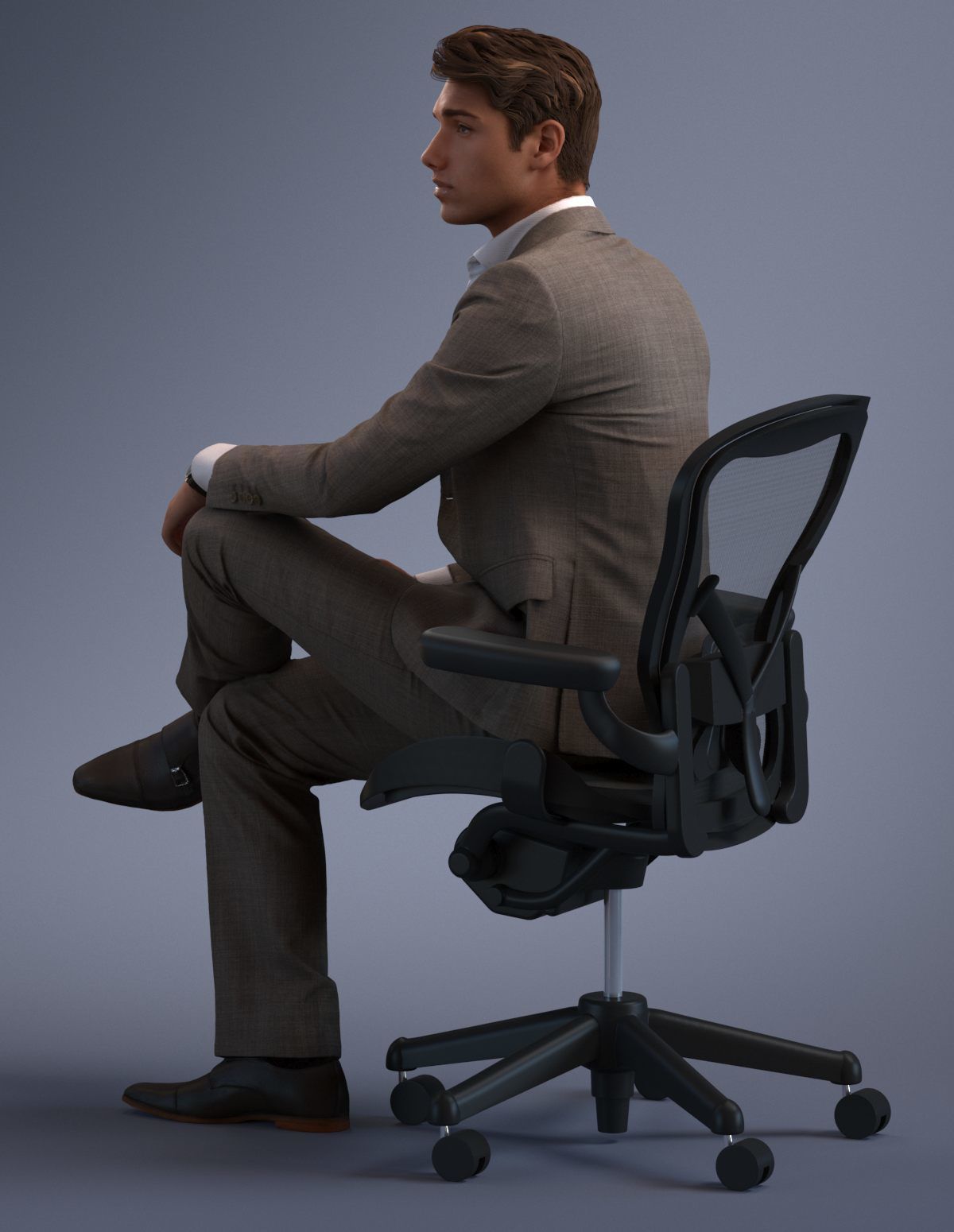 Young business man sitting casual in business suit without tie 3D model_8