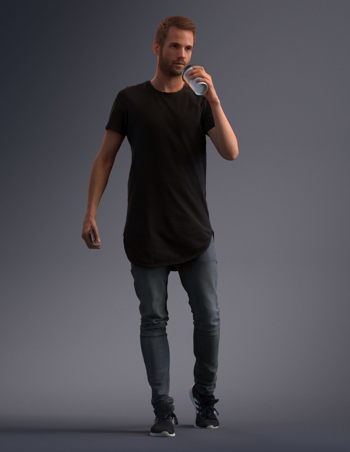 Man dressed casual walking while drinking coffee 3D model_1