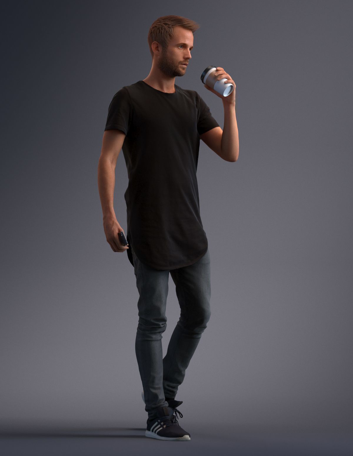 Man dressed casual walking while drinking coffee 3D model_2