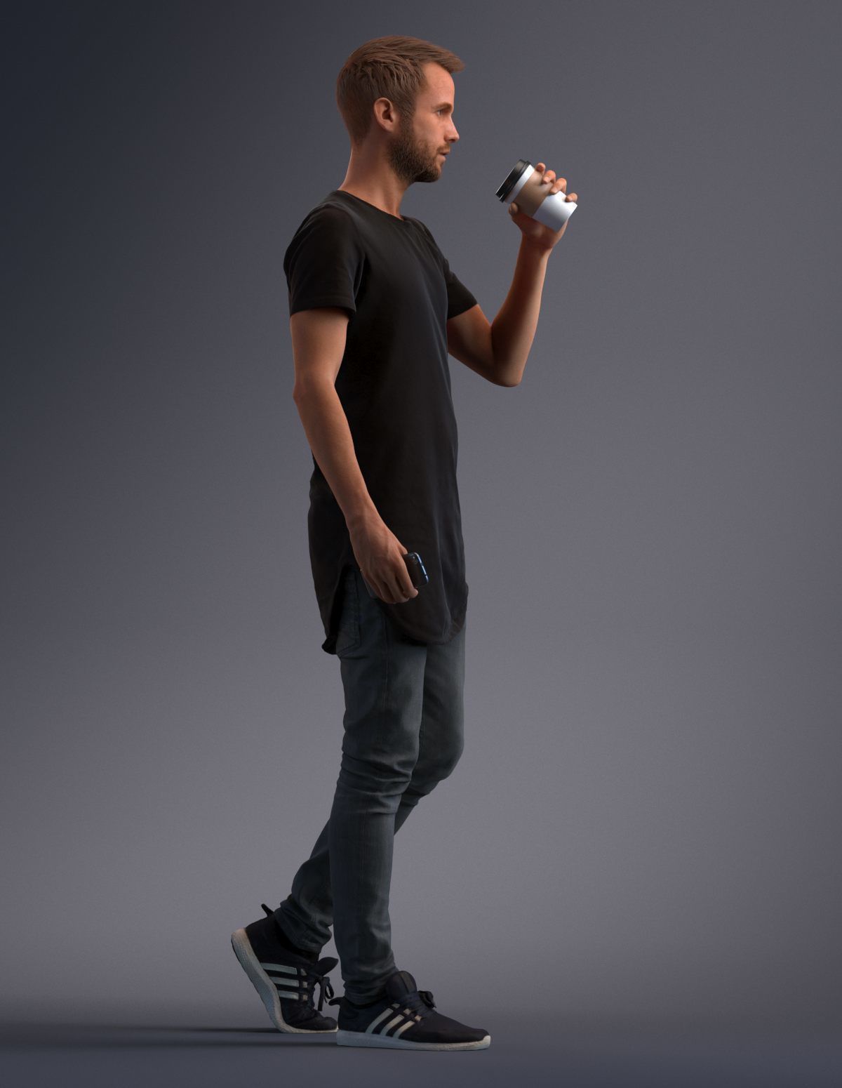 Man dressed casual walking while drinking coffee 3D model_3