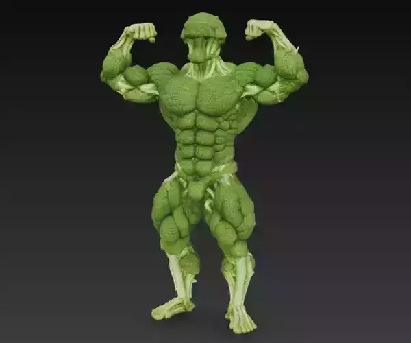 Muscular bodybuilder made entirely green broccoli florets biceps 3D print model