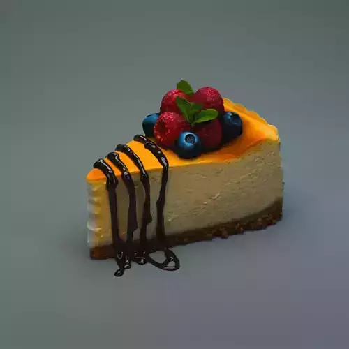 Realistic Cheesecake Slice with Berries and Chocolate Drizzle