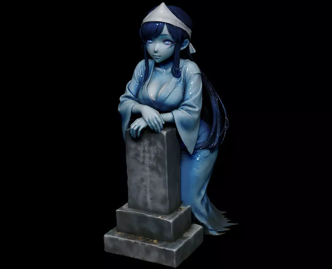 Anime-Style Ghost Girl with Tombstone FBX STL OBJ ZPR 3D print model_0