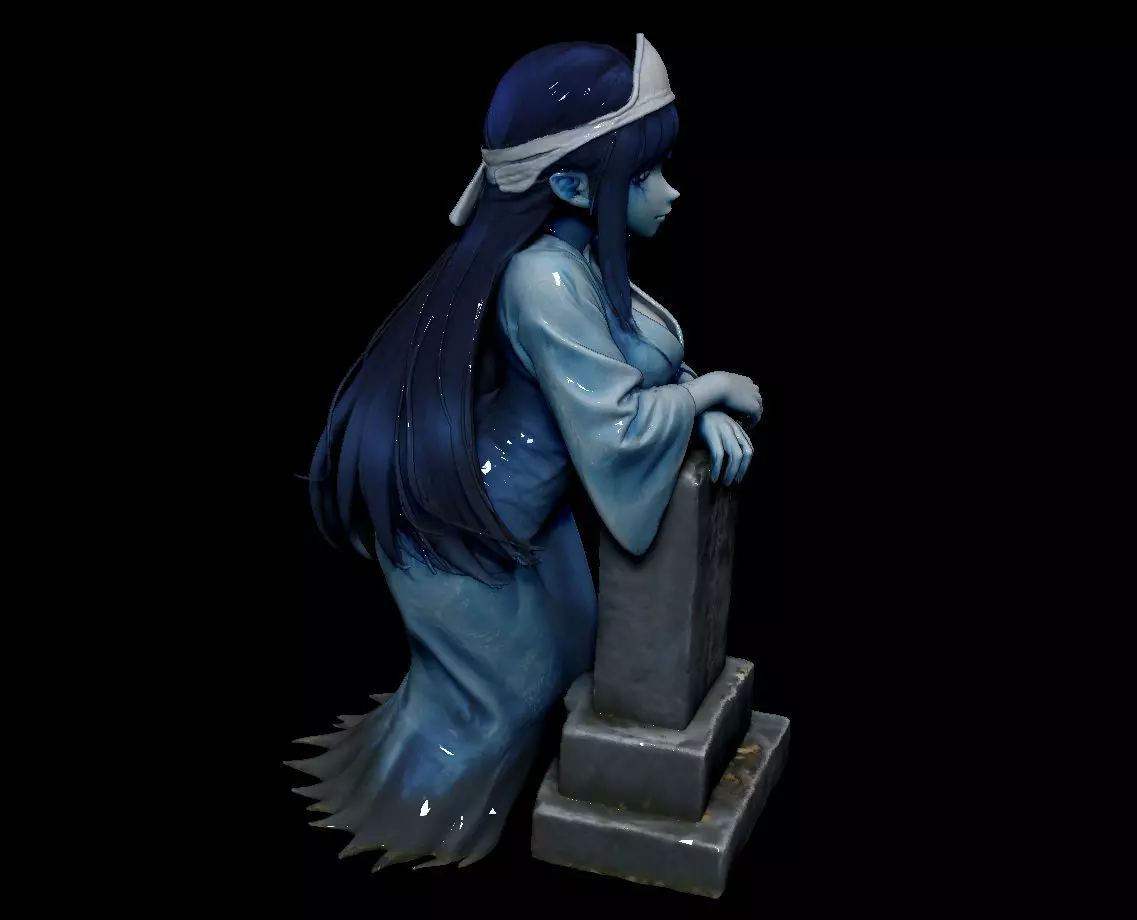 Anime-Style Ghost Girl with Tombstone FBX STL OBJ ZPR 3D print model_2