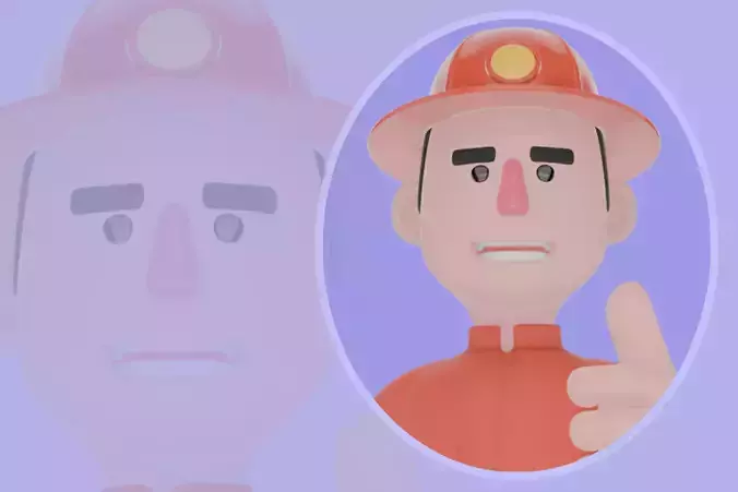 Stylized 3D Male Firefighter Character-Cartoon Kneeling ThumbsUp