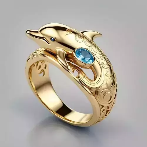 Luxury Dolphin Ring Rose Gold Blue Topaz Gemstone 3D