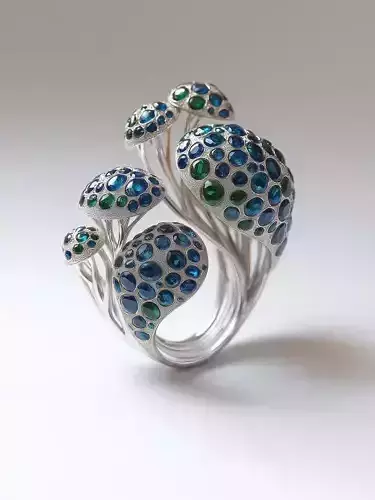 Futuristic Organic Jewelry Ring Mushrooms Gold 3D Gemstones Low-poly 3D model
