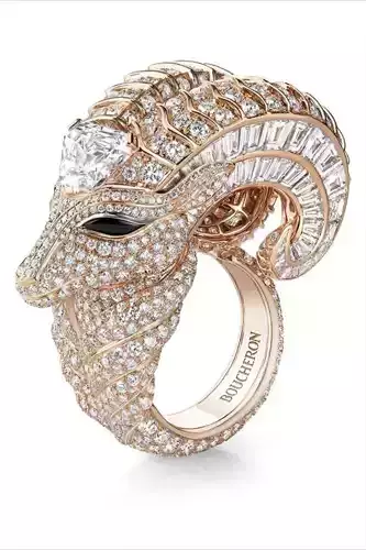 Boucheron Ram Head Luxury Ring 3D Model with Diamonds Rose Gold Low-poly 3D model