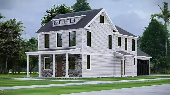 Modern American Two-Story House Exterior with Attached Garage