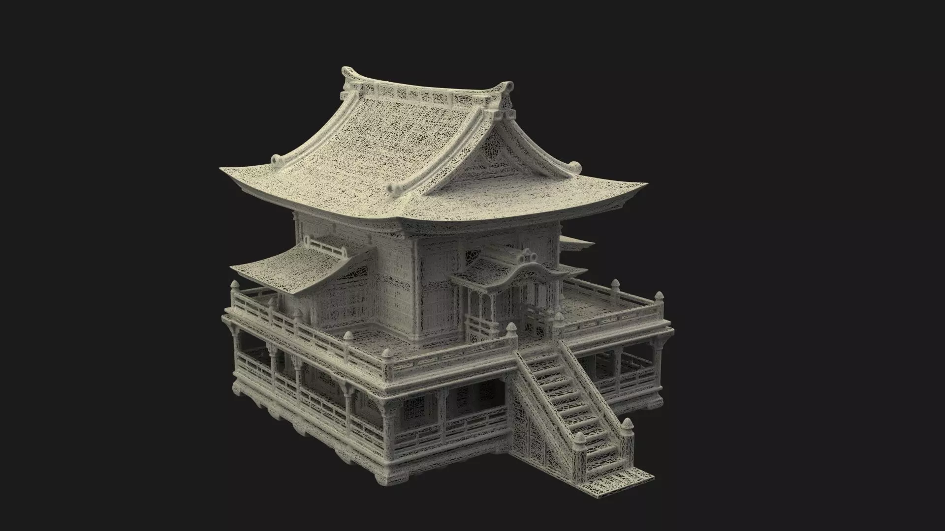 Chinese ancient wooden house   Low-poly 3D model_7