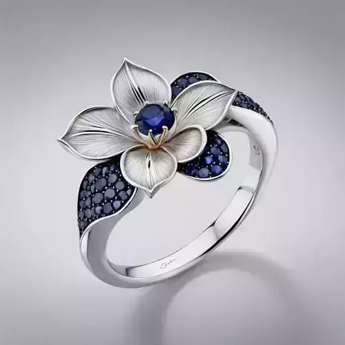 Floral Sapphire Ring 3D Pave Blue Stones White Gold Petals Low-poly 3D model