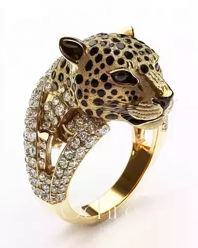 Luxury Leopard Head Ring 3D Diamonds Black Onyx Spots Low-poly 3D model
