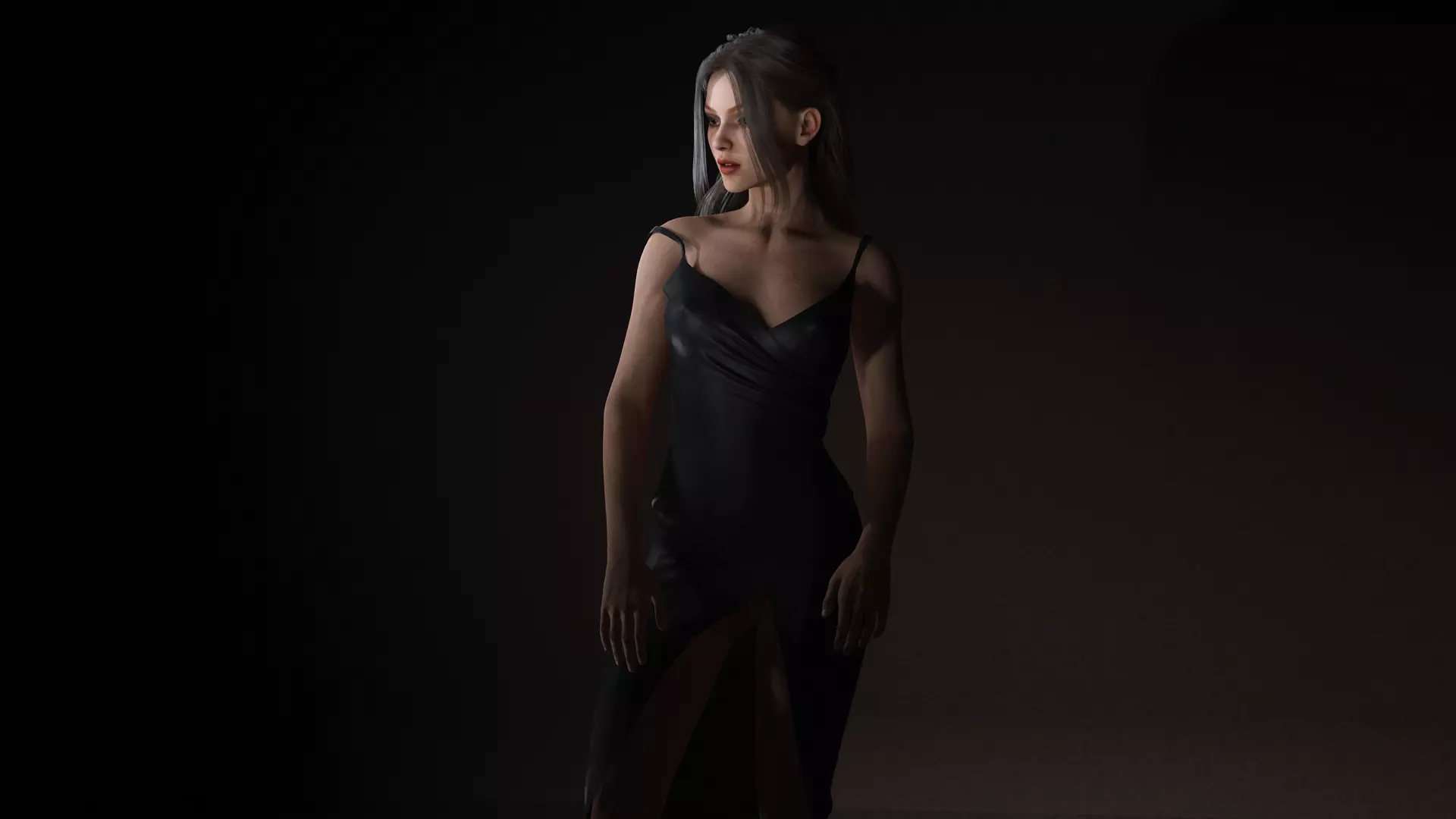 Realistic Female Character  Evening Black Dress Fully Rigged Low-poly 3D model_1