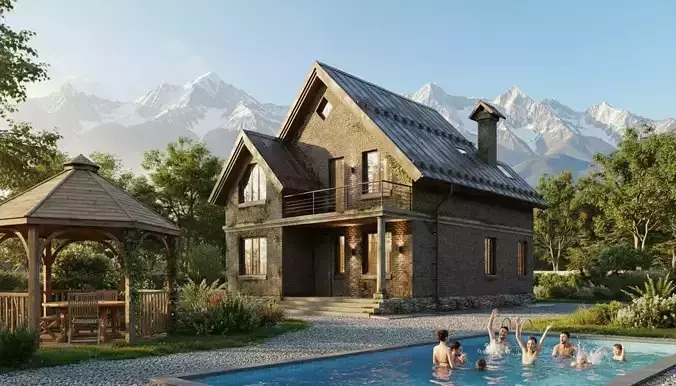 Brick house with an attic 3D model