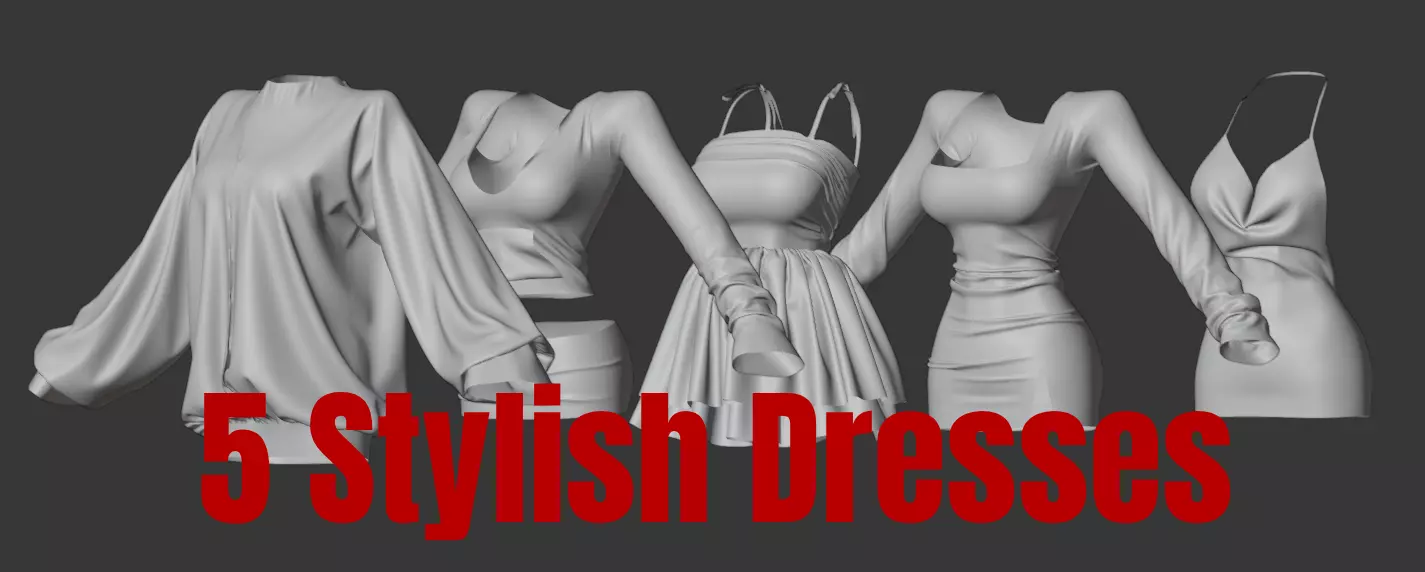 5 Stylish Dresses High Poly 3D model_0