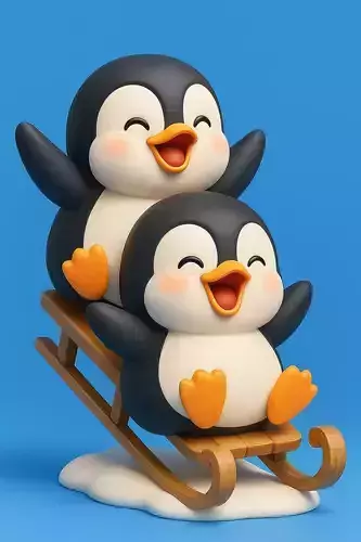Kawaii Penguin Duo Enjoying Sled Ride