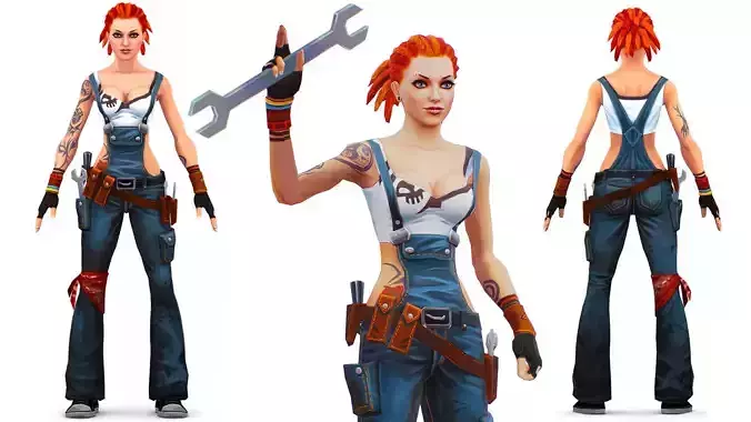 Female Builder - Engineer Woman - Overall Tool Belt - Animated Low-poly 3D model