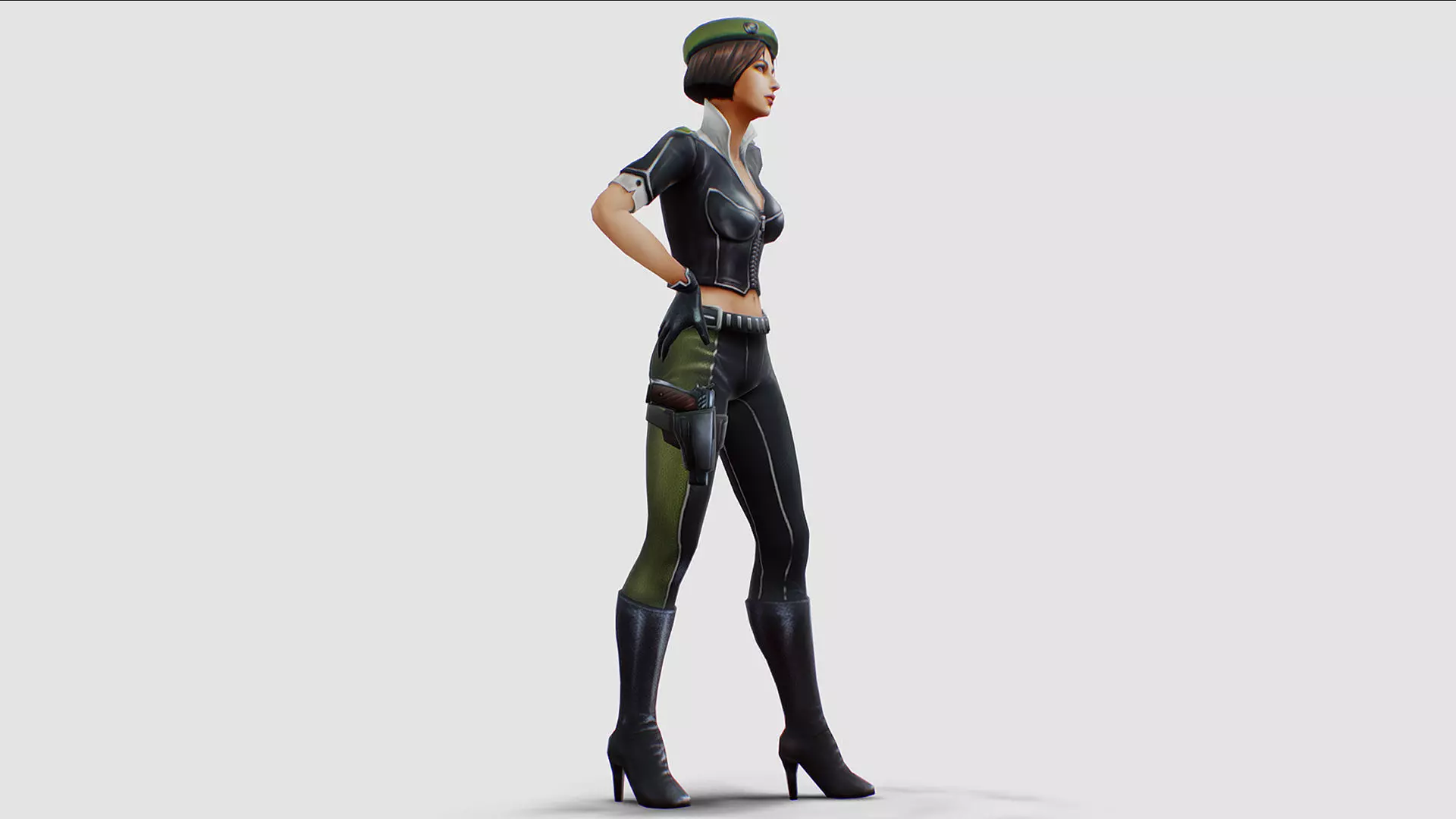 Woman General - Female Soldier Beret Black Leather Form Low-poly 3D model_5