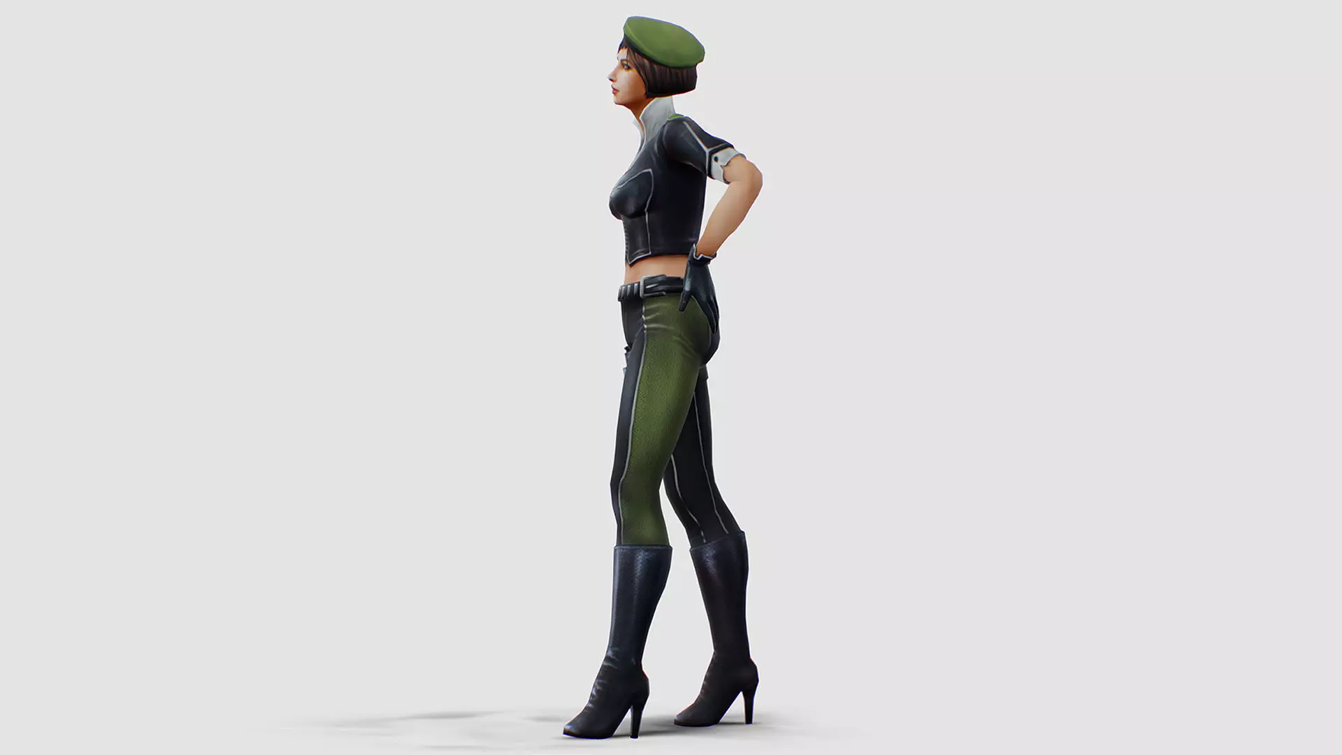 Woman General - Female Soldier Beret Black Leather Form Low-poly 3D model_3