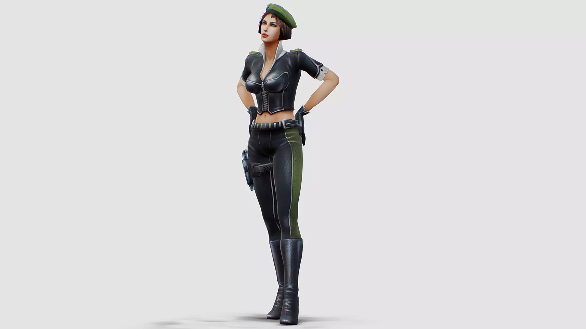 Woman General - Female Soldier Beret Black Leather Form Low-poly 3D model_2